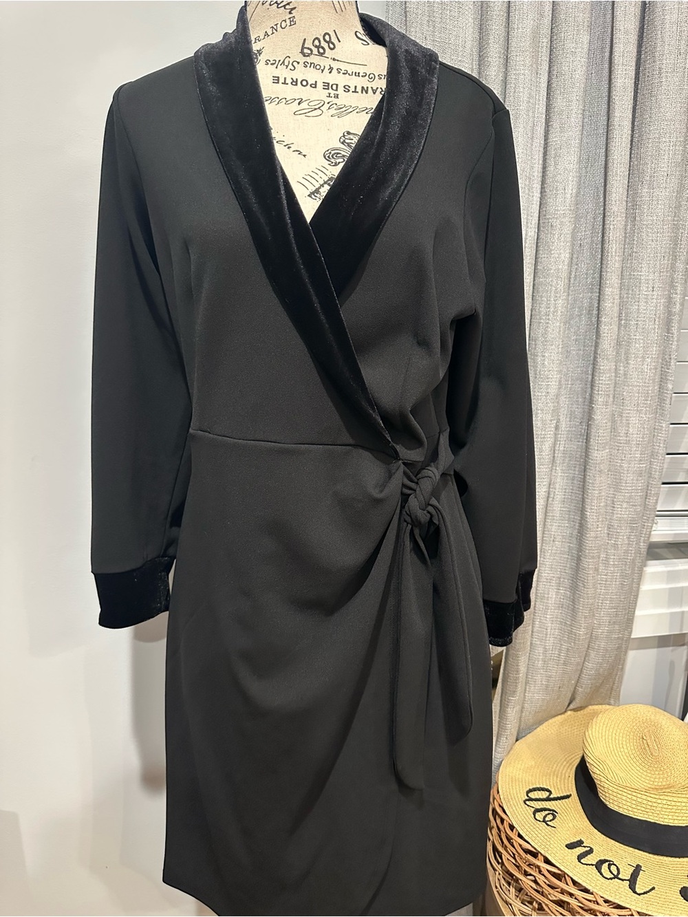 Black Velvet-Trim Wrap Dress Robe